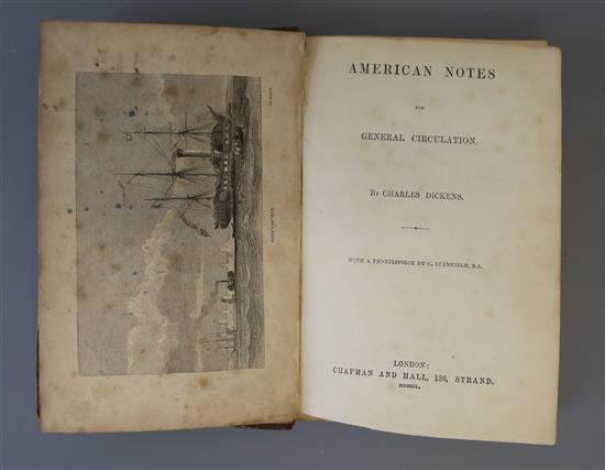 Dickens, Charles - American Notes for General Circulation, 8vo, half calf, front fly leaf and first four leaves trimmed by 5mm, ink wri